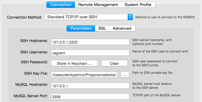 Vagrant SSH key for TCP/IP over SSH connection
